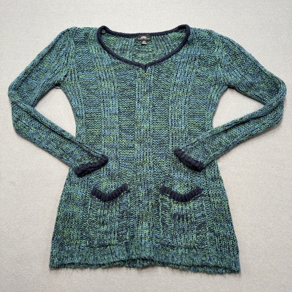 River Island Sweater Women's Medium Green Blue Wool V-Neck Cable Knit Pullover
